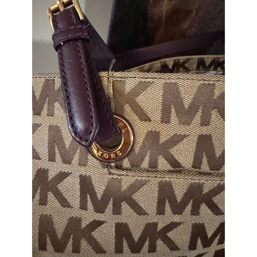 MICHAEL KORS Signature MK Monogram Canvas Leather‎ Trim Bucket Bag Tote Purse - Picture 7 of 8